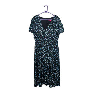 Betsey Johnson Black Satin Blue Floral Babydoll Puff Sleeve Midi Dress Size 14